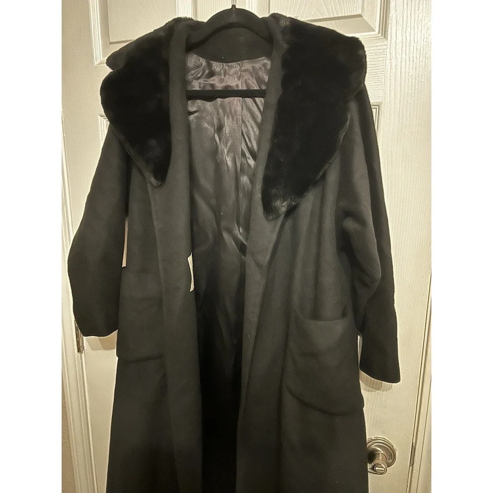 VTG Women's Full Length Wool‎ Coat Fur Collar Pockets Overcoat Fenway Union Made